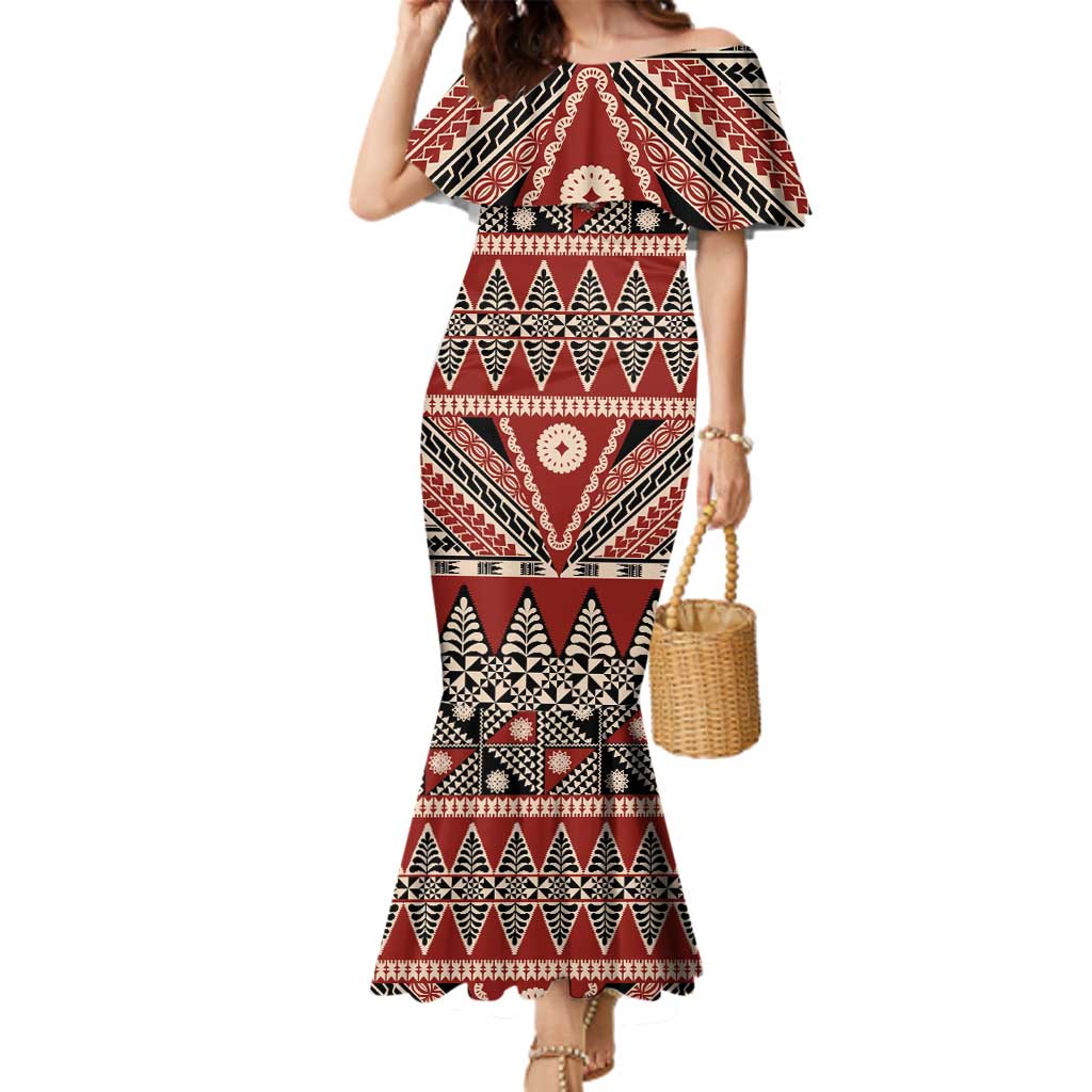 Vintage Bula Fiji Family Matching Mermaid Dress and Hawaiian Shirt Red Tapa Masi Motif LT9 Mom's Dress Red - Polynesian Pride