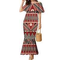 Vintage Bula Fiji Family Matching Mermaid Dress and Hawaiian Shirt Red Tapa Masi Motif LT9 Mom's Dress Red - Polynesian Pride