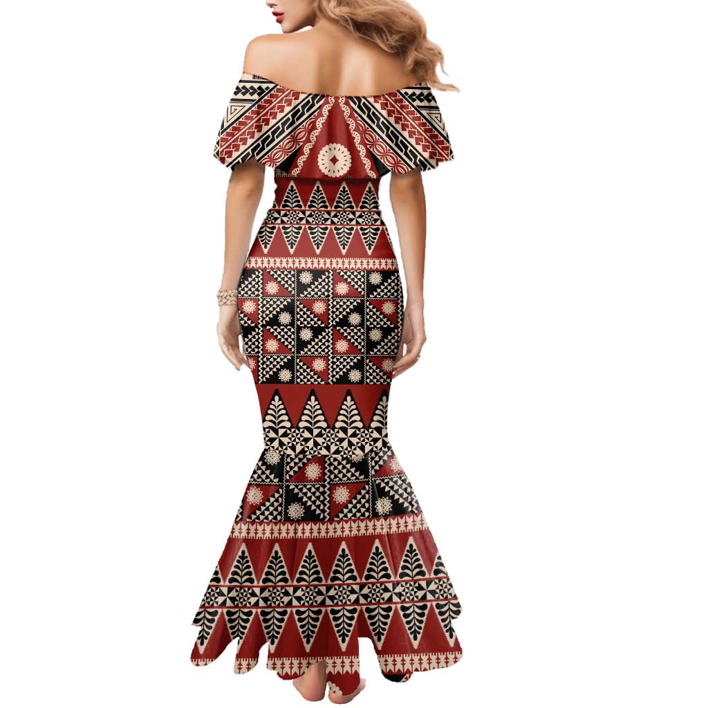Vintage Bula Fiji Family Matching Mermaid Dress and Hawaiian Shirt Red Tapa Masi Motif LT9 - Polynesian Pride