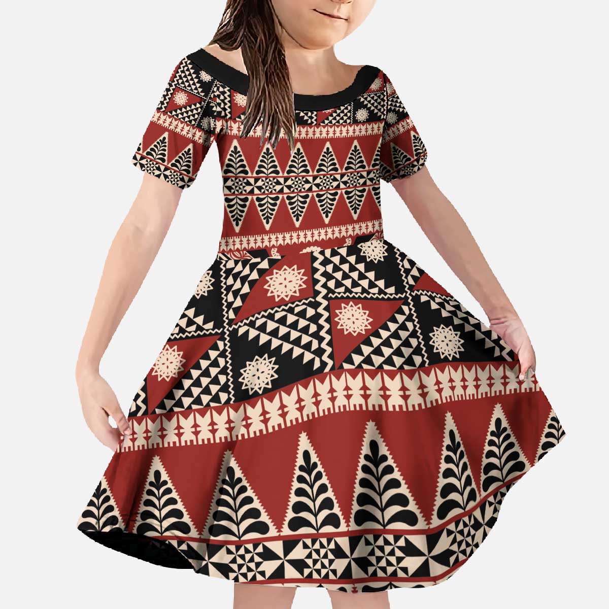 Vintage Bula Fiji Family Matching Off The Shoulder Long Sleeve Dress and Hawaiian Shirt Red Tapa Masi Motif LT9 Daughter's Dress Red - Polynesian Pride