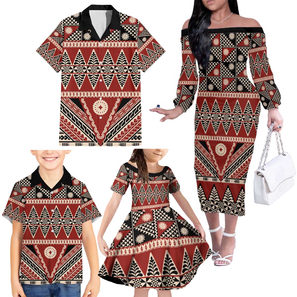 Vintage Bula Fiji Family Matching Off The Shoulder Long Sleeve Dress and Hawaiian Shirt Red Tapa Masi Motif LT9 - Polynesian Pride