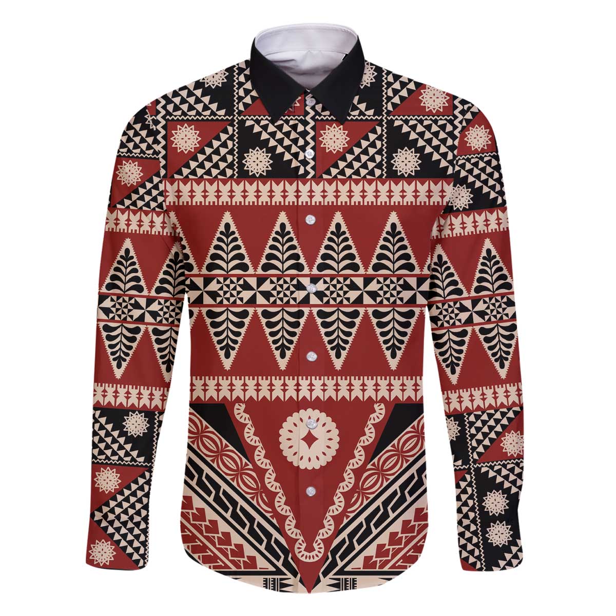 Vintage Bula Fiji Family Matching Off The Shoulder Long Sleeve Dress and Hawaiian Shirt Red Tapa Masi Motif LT9 Dad's Shirt - Long Sleeve Red - Polynesian Pride