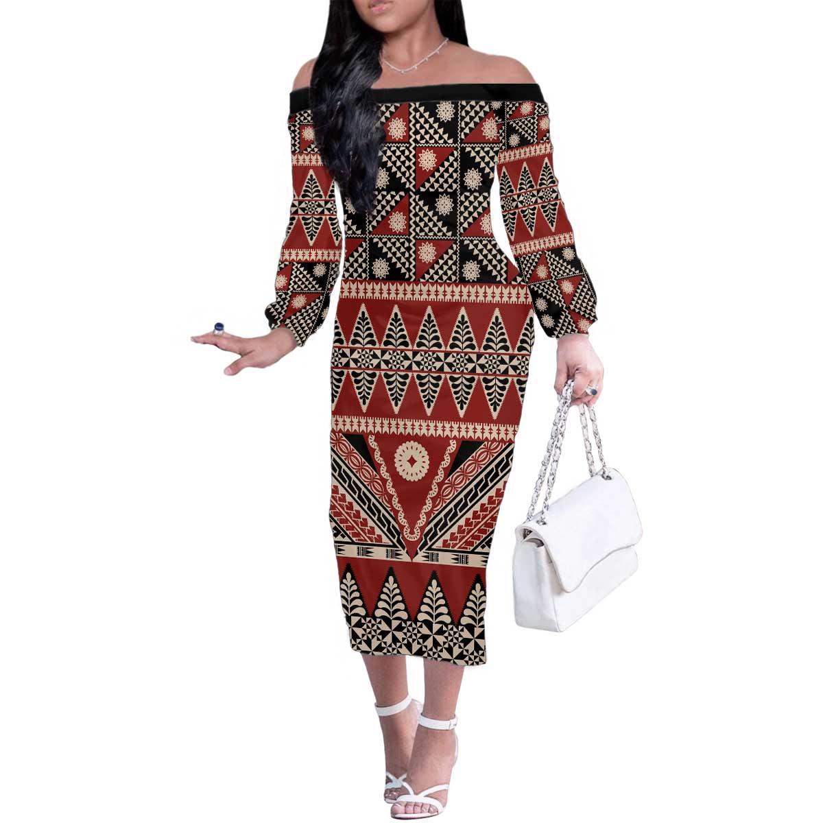 Vintage Bula Fiji Family Matching Off The Shoulder Long Sleeve Dress and Hawaiian Shirt Red Tapa Masi Motif LT9 Mom's Dress Red - Polynesian Pride