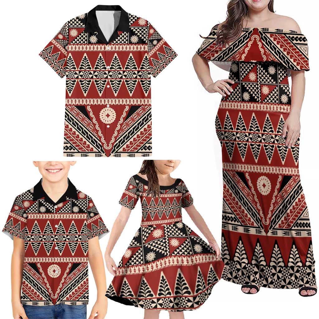 Vintage Bula Fiji Family Matching Off Shoulder Maxi Dress and Hawaiian Shirt Red Tapa Masi Motif LT9 - Polynesian Pride