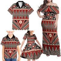 Vintage Bula Fiji Family Matching Off Shoulder Maxi Dress and Hawaiian Shirt Red Tapa Masi Motif LT9 - Polynesian Pride