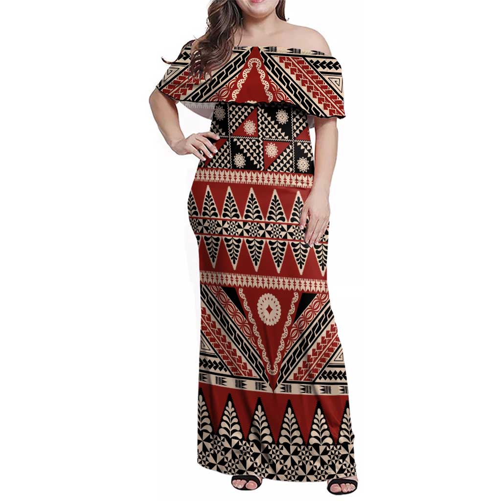 Vintage Bula Fiji Family Matching Off Shoulder Maxi Dress and Hawaiian Shirt Red Tapa Masi Motif LT9 Mom's Dress Red - Polynesian Pride