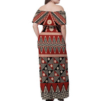 Vintage Bula Fiji Family Matching Off Shoulder Maxi Dress and Hawaiian Shirt Red Tapa Masi Motif LT9 - Polynesian Pride