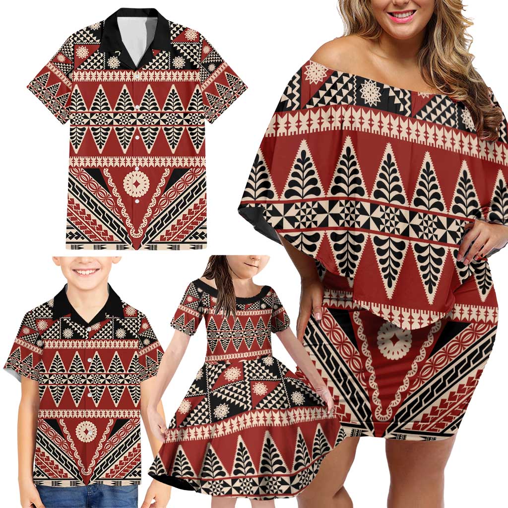Vintage Bula Fiji Family Matching Off Shoulder Short Dress and Hawaiian Shirt Red Tapa Masi Motif LT9 - Polynesian Pride
