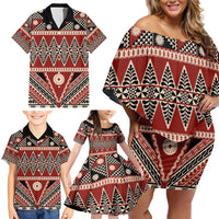 Vintage Bula Fiji Family Matching Off Shoulder Short Dress and Hawaiian Shirt Red Tapa Masi Motif LT9 - Polynesian Pride