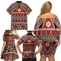 Vintage Bula Fiji Family Matching Off Shoulder Short Dress and Hawaiian Shirt Red Tapa Masi Motif LT9 - Polynesian Pride