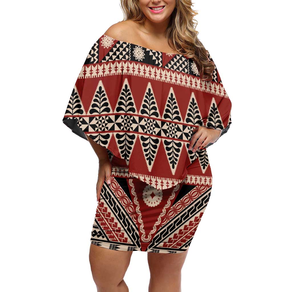 Vintage Bula Fiji Family Matching Off Shoulder Short Dress and Hawaiian Shirt Red Tapa Masi Motif LT9 Mom's Dress Red - Polynesian Pride