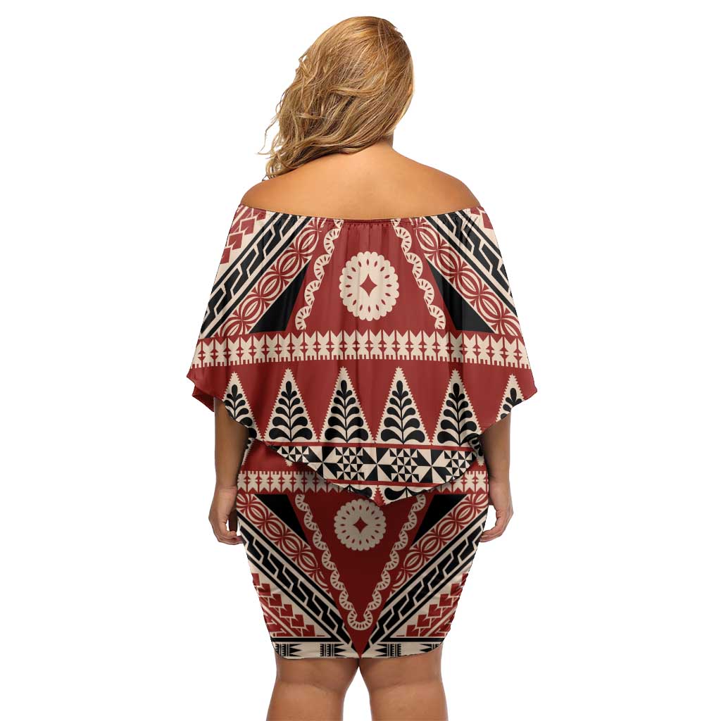 Vintage Bula Fiji Family Matching Off Shoulder Short Dress and Hawaiian Shirt Red Tapa Masi Motif LT9 - Polynesian Pride