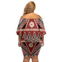 Vintage Bula Fiji Family Matching Off Shoulder Short Dress and Hawaiian Shirt Red Tapa Masi Motif LT9 - Polynesian Pride