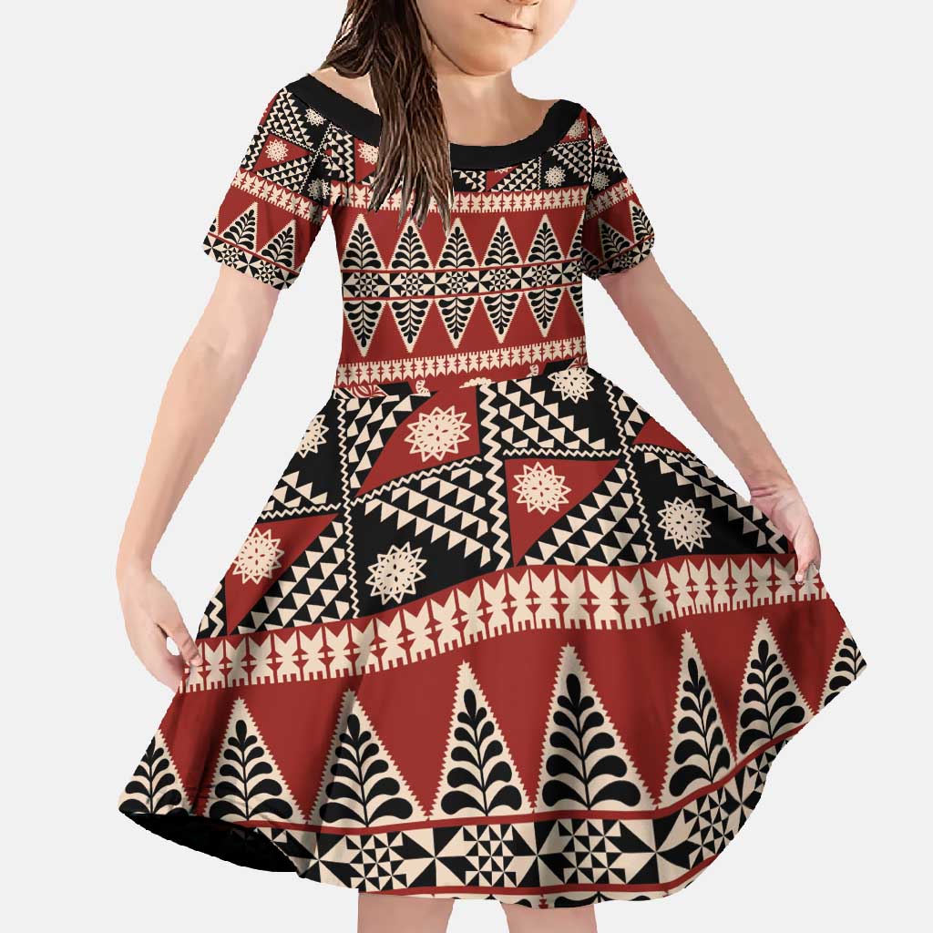 Vintage Bula Fiji Family Matching Short Sleeve Bodycon Dress and Hawaiian Shirt Red Tapa Masi Motif LT9 Daughter's Dress Red - Polynesian Pride