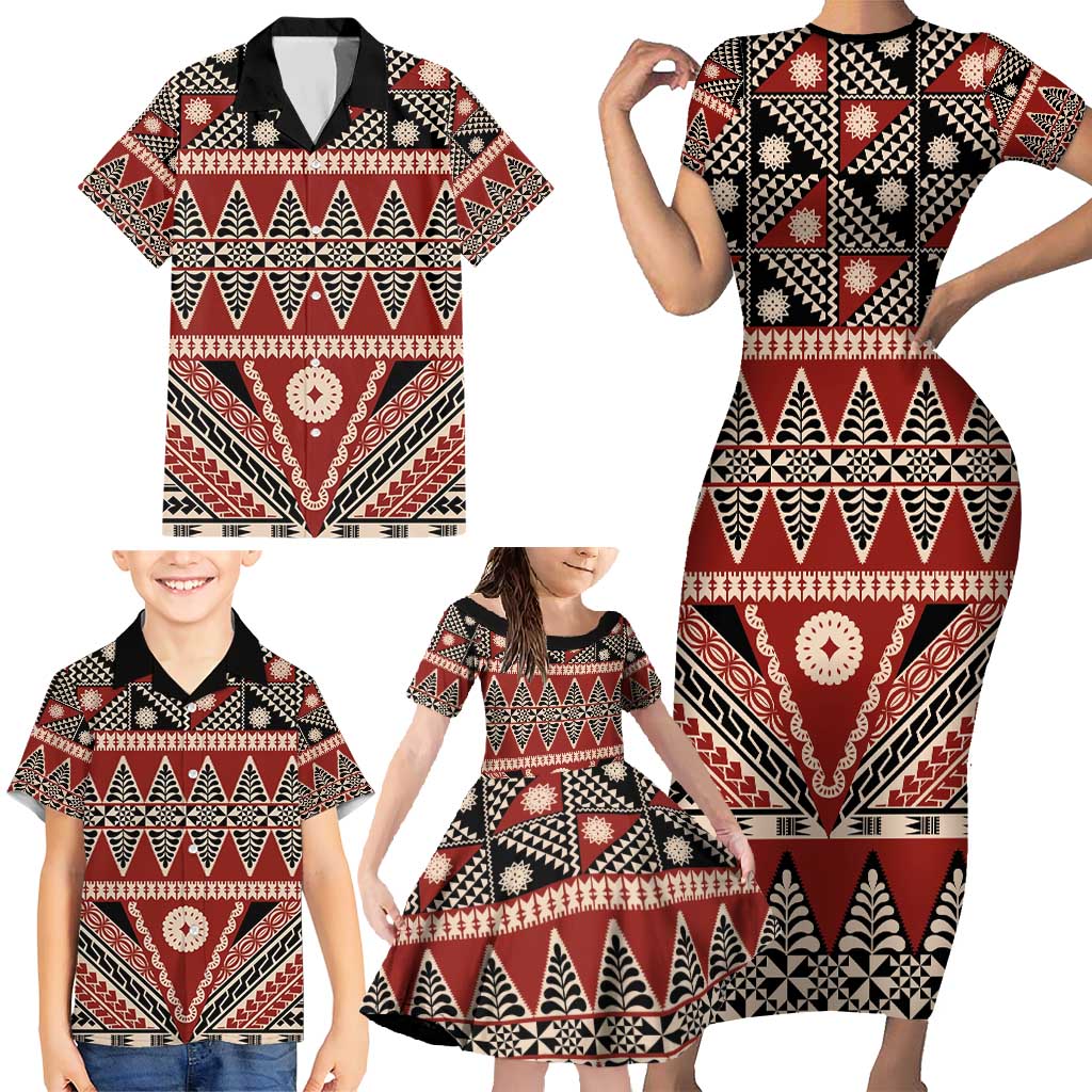 Vintage Bula Fiji Family Matching Short Sleeve Bodycon Dress and Hawaiian Shirt Red Tapa Masi Motif