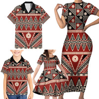 Vintage Bula Fiji Family Matching Short Sleeve Bodycon Dress and Hawaiian Shirt Red Tapa Masi Motif LT9 - Polynesian Pride