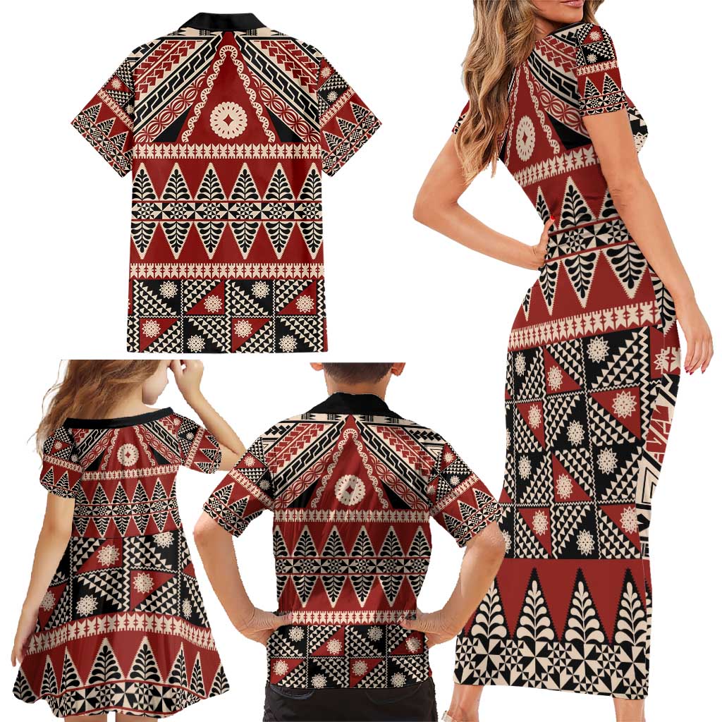 Vintage Bula Fiji Family Matching Short Sleeve Bodycon Dress and Hawaiian Shirt Red Tapa Masi Motif LT9 - Polynesian Pride