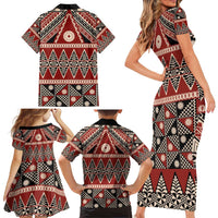 Vintage Bula Fiji Family Matching Short Sleeve Bodycon Dress and Hawaiian Shirt Red Tapa Masi Motif LT9 - Polynesian Pride