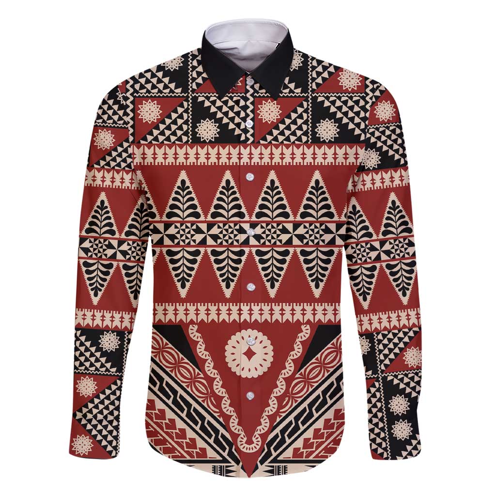 Vintage Bula Fiji Family Matching Short Sleeve Bodycon Dress and Hawaiian Shirt Red Tapa Masi Motif LT9 Dad's Shirt - Long Sleeve Red - Polynesian Pride
