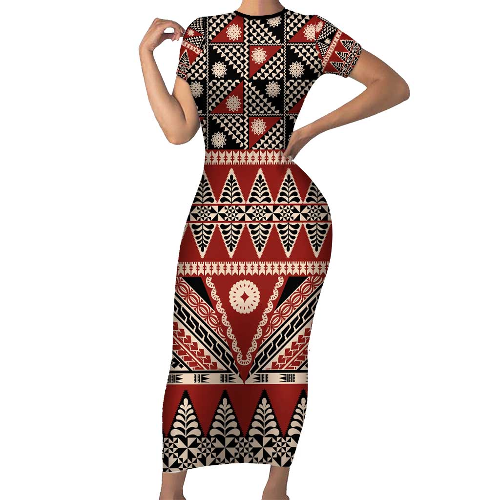 Vintage Bula Fiji Family Matching Short Sleeve Bodycon Dress and Hawaiian Shirt Red Tapa Masi Motif LT9 Mom's Dress Red - Polynesian Pride