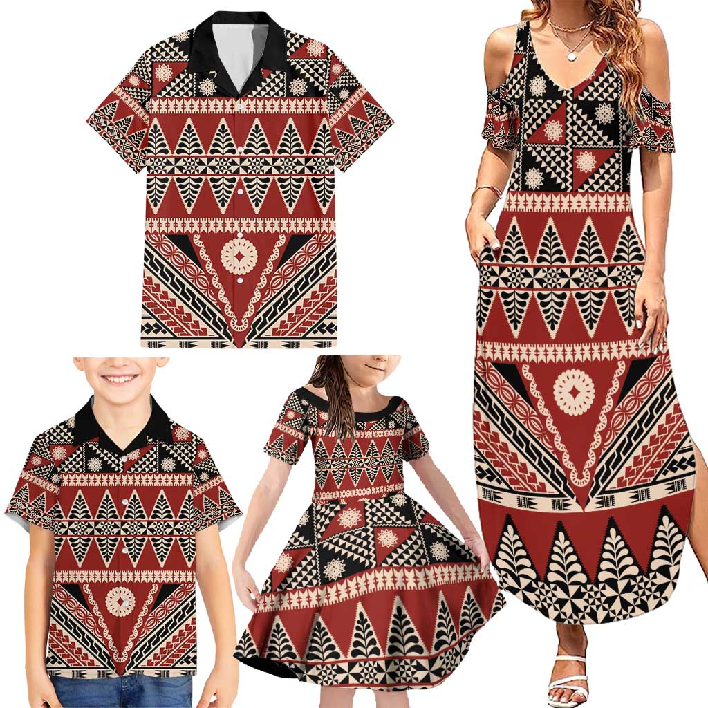 Vintage Bula Fiji Family Matching Summer Maxi Dress and Hawaiian Shirt Red Tapa Masi Motif LT9 - Polynesian Pride