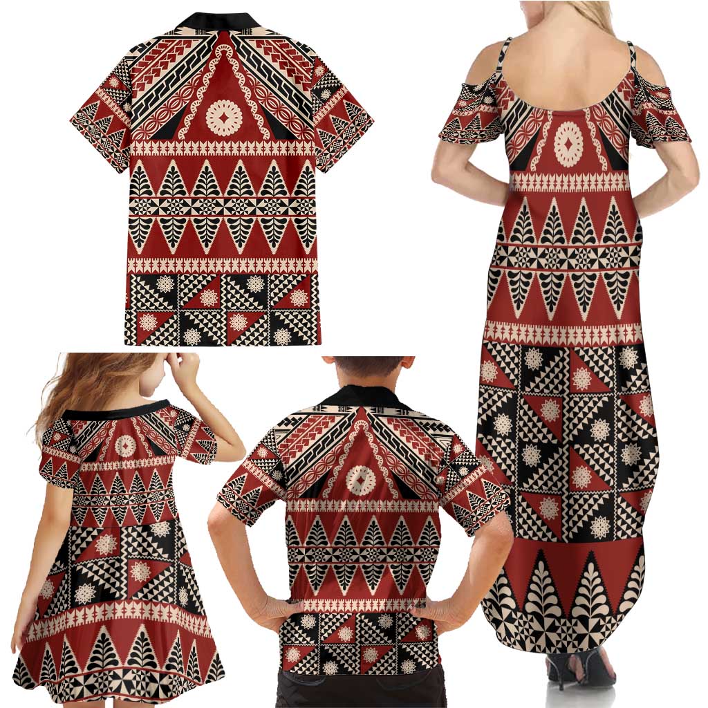 Vintage Bula Fiji Family Matching Summer Maxi Dress and Hawaiian Shirt Red Tapa Masi Motif LT9 - Polynesian Pride