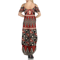 Vintage Bula Fiji Family Matching Summer Maxi Dress and Hawaiian Shirt Red Tapa Masi Motif LT9 - Polynesian Pride