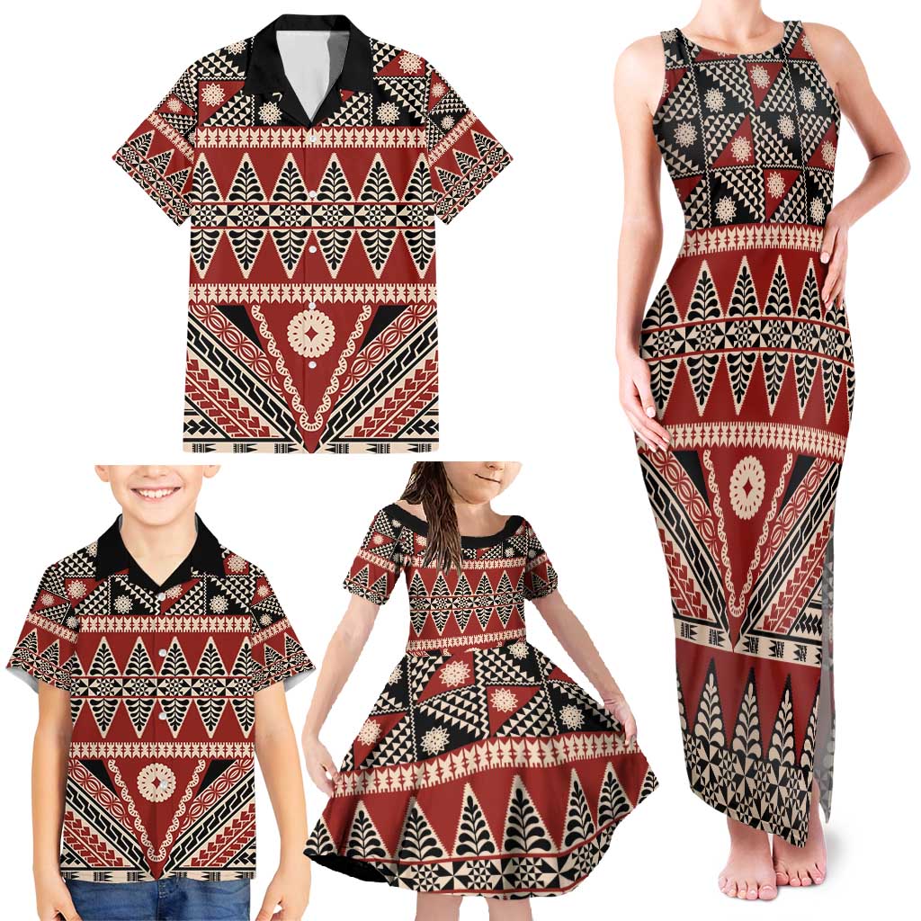 Vintage Bula Fiji Family Matching Tank Maxi Dress and Hawaiian Shirt Red Tapa Masi Motif LT9 - Polynesian Pride