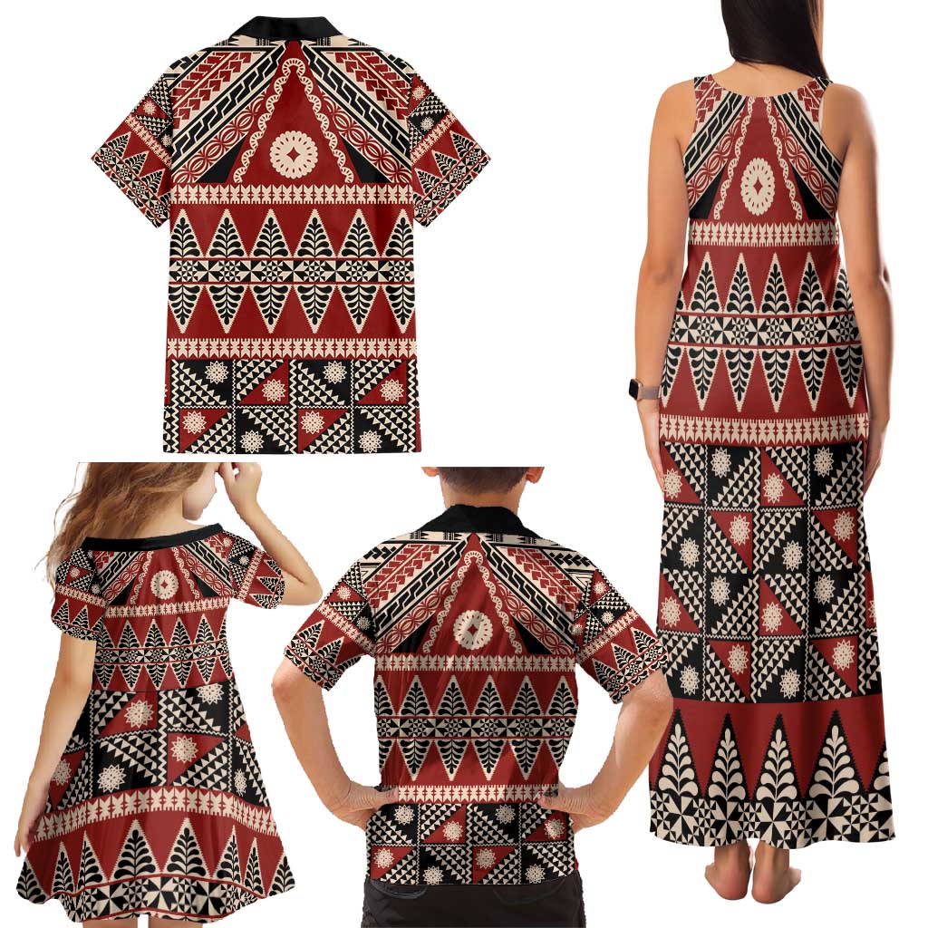 Vintage Bula Fiji Family Matching Tank Maxi Dress and Hawaiian Shirt Red Tapa Masi Motif LT9 - Polynesian Pride