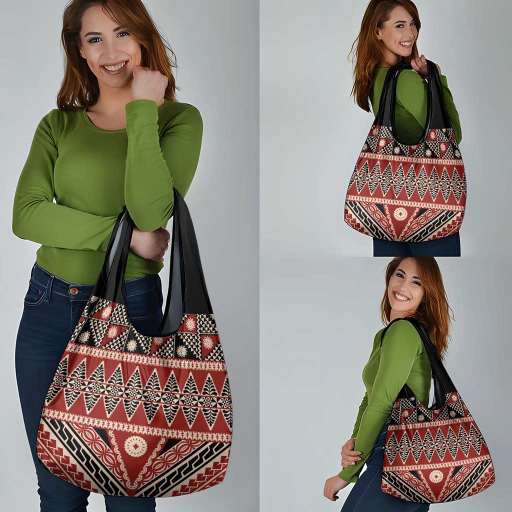 Vintage Bula Fiji Grocery Bag Red Tapa Masi Motif