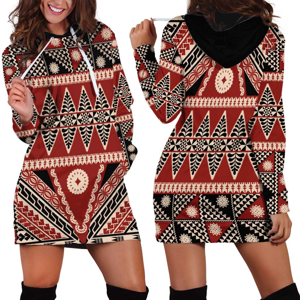 Vintage Bula Fiji Hoodie Dress Red Tapa Masi Motif