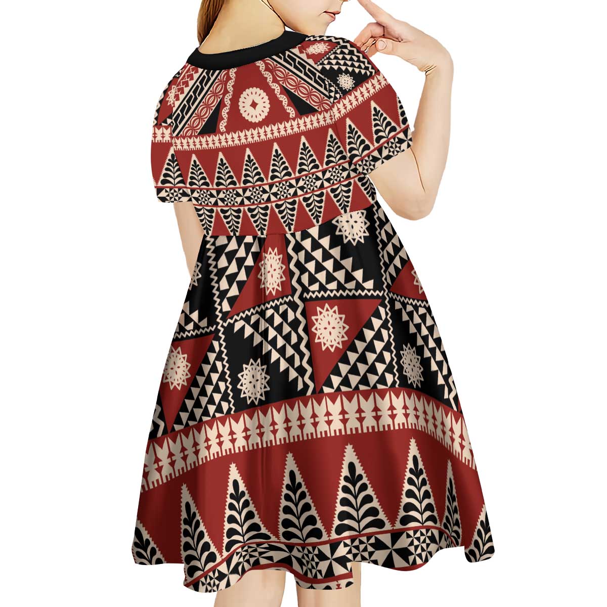 Vintage Bula Fiji Kid Short Sleeve Dress Red Tapa Masi Motif