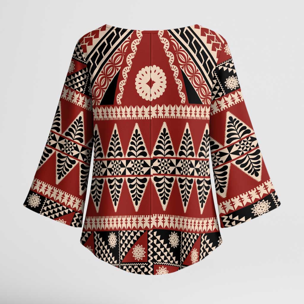 Vintage Bula Fiji Kimono Sleeve Blouse Red Tapa Masi Motif - Polynesian Pride