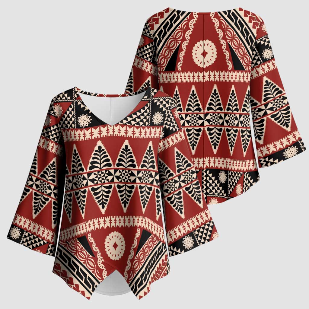 Vintage Bula Fiji Kimono Sleeve Blouse Red Tapa Masi Motif - Polynesian Pride