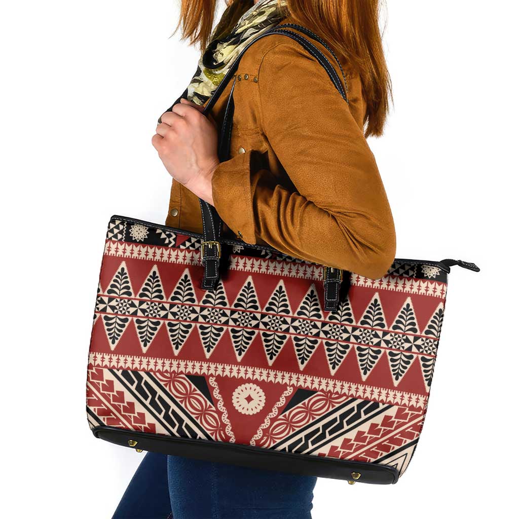 Vintage Bula Fiji Leather Tote Bag Red Tapa Masi Motif