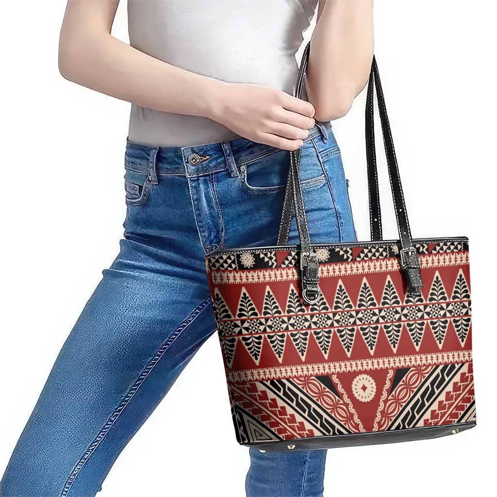 Vintage Bula Fiji Leather Tote Bag Red Tapa Masi Motif