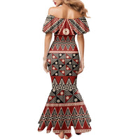 Vintage Bula Fiji Mermaid Dress Red Tapa Masi Motif