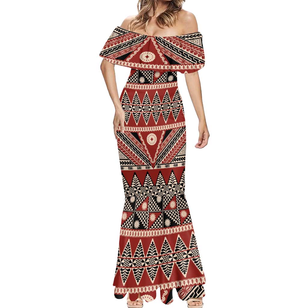 Vintage Bula Fiji Mermaid Dress Red Tapa Masi Motif