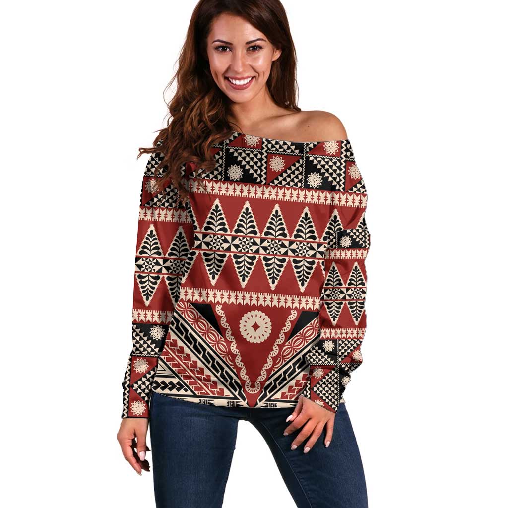 Vintage Bula Fiji Off Shoulder Sweater Red Tapa Masi Motif