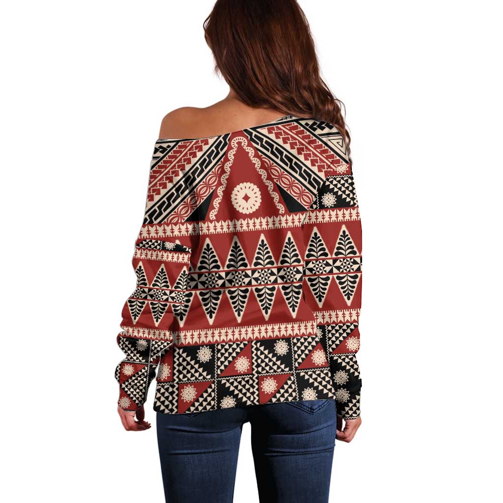 Vintage Bula Fiji Off Shoulder Sweater Red Tapa Masi Motif