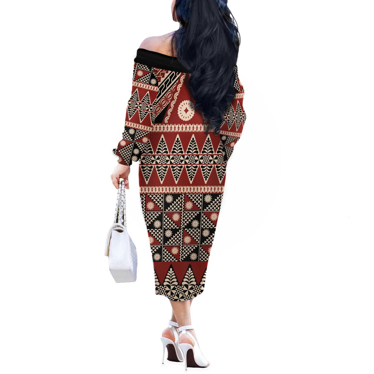 Vintage Bula Fiji Off The Shoulder Long Sleeve Dress Red Tapa Masi Motif