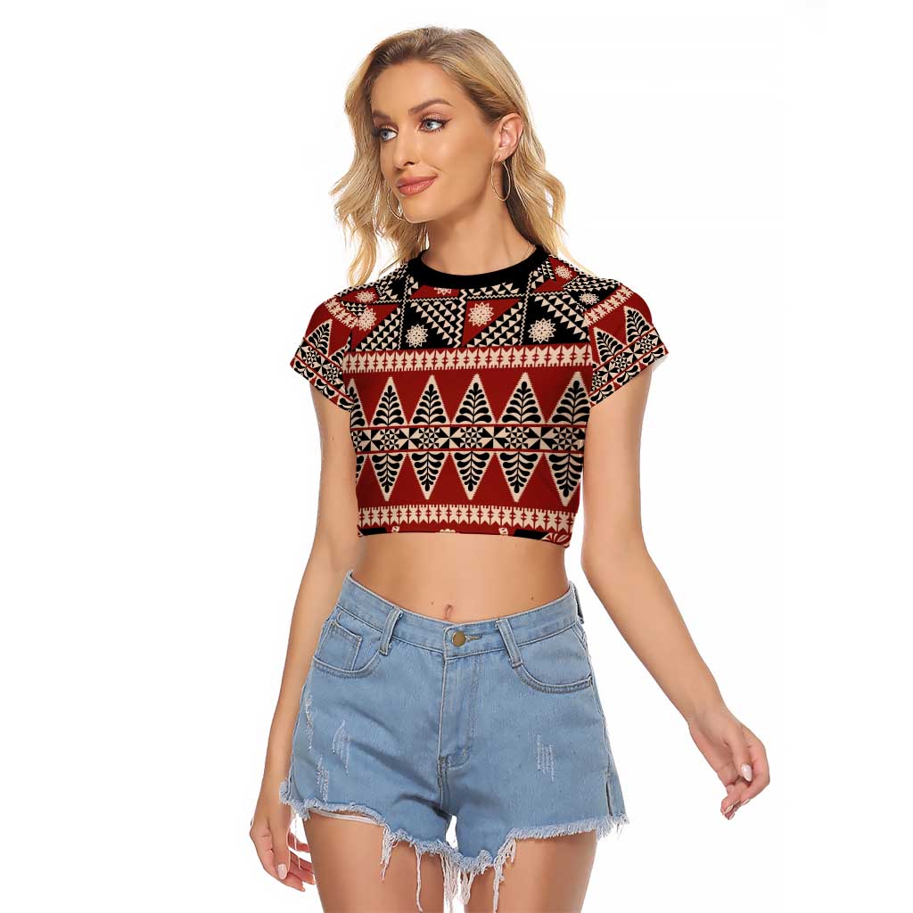 Vintage Bula Fiji Raglan Cropped T Shirt Red Tapa Masi Motif