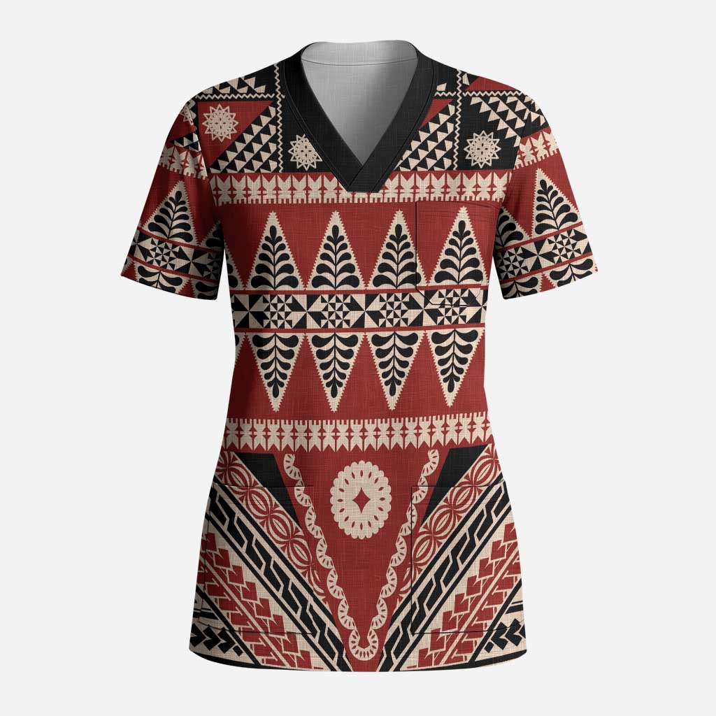 Vintage Bula Fiji Scrub Top Red Tapa Masi Motif - Polynesian Pride