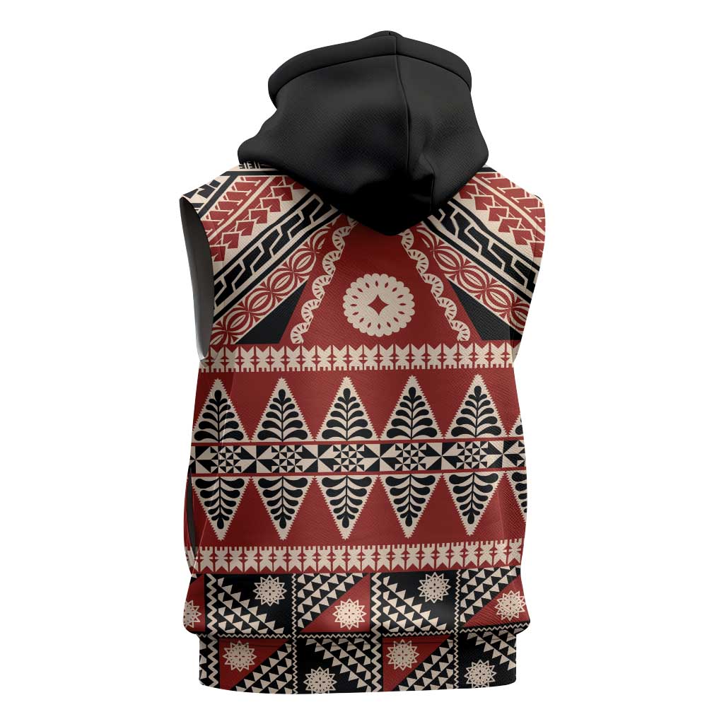Vintage Bula Fiji Sleeveless Zip Hoodie Red Tapa Masi Motif - Polynesian Pride
