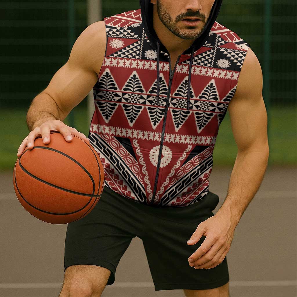 Vintage Bula Fiji Sleeveless Zip Hoodie Red Tapa Masi Motif - Polynesian Pride