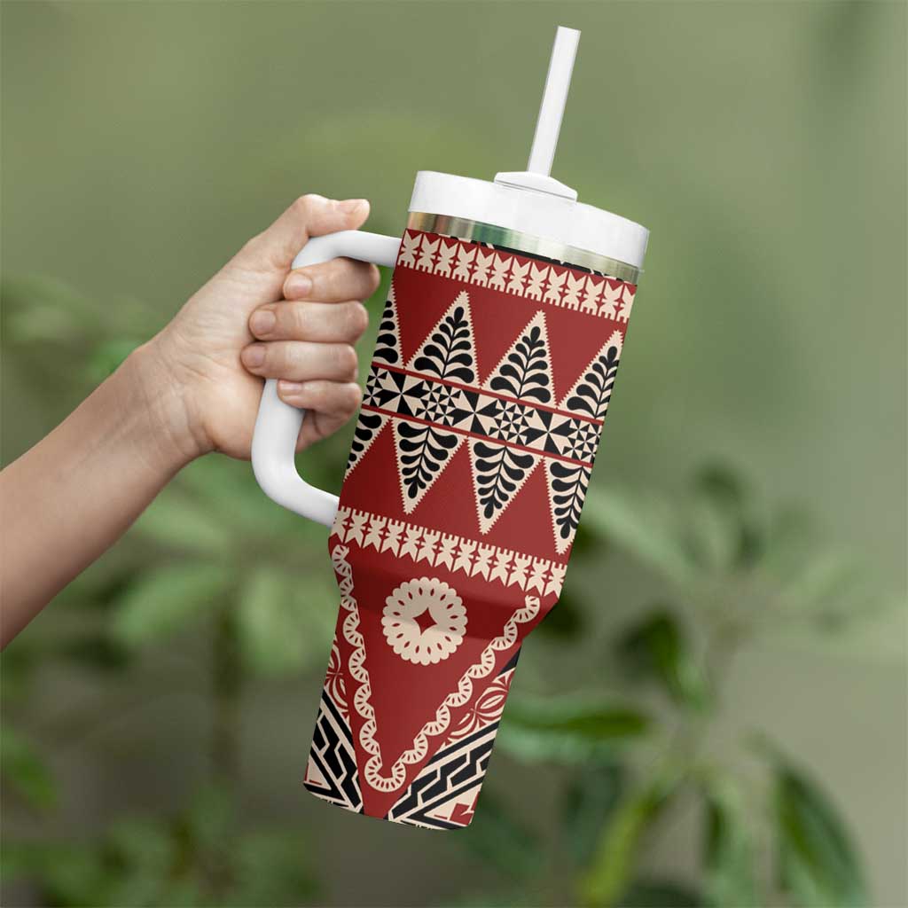 Vintage Bula Fiji Tumbler With Handle Red Tapa Masi Motif
