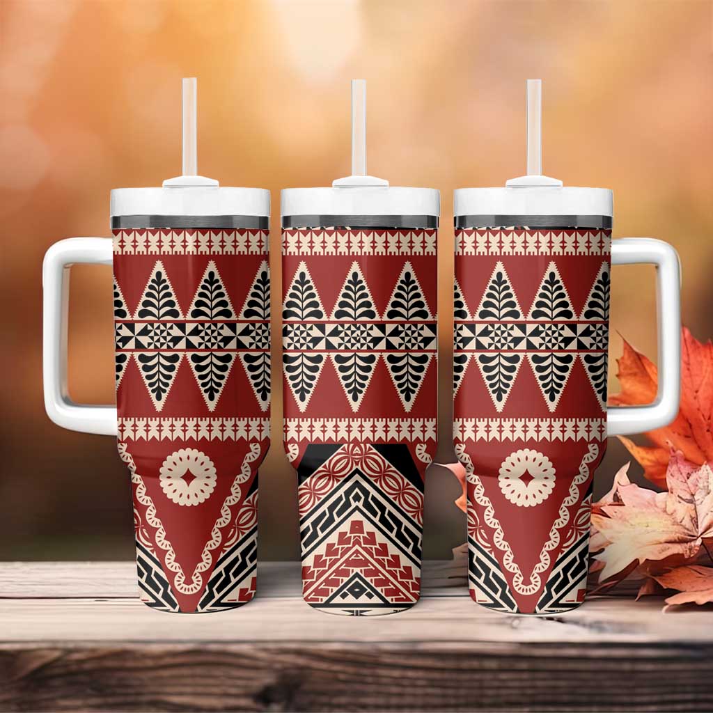 Vintage Bula Fiji Tumbler With Handle Red Tapa Masi Motif