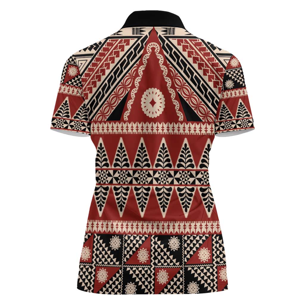 Vintage Bula Fiji Women Polo Shirt Red Tapa Masi Motif