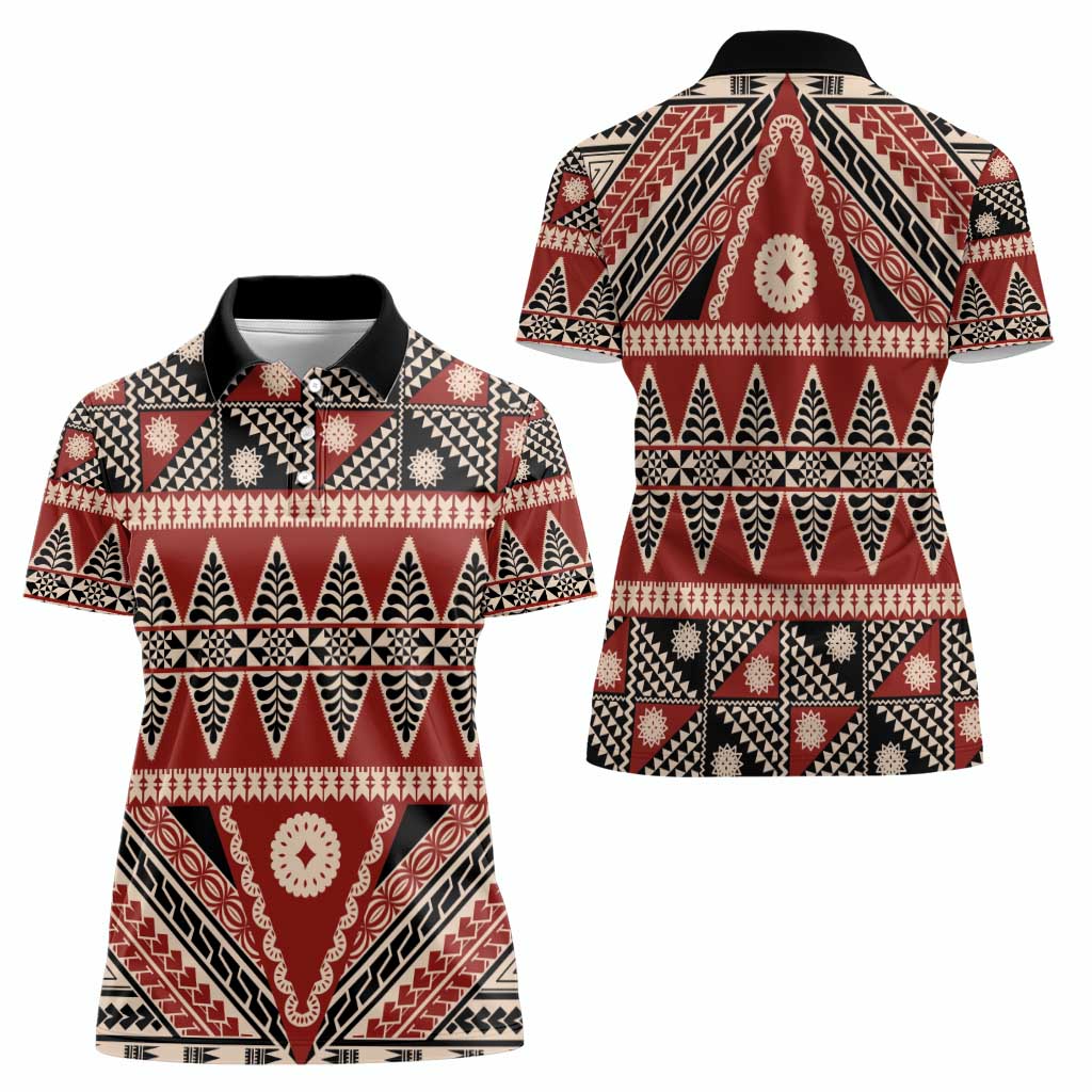 Vintage Bula Fiji Women Polo Shirt Red Tapa Masi Motif