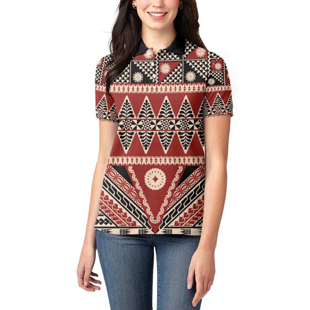Vintage Bula Fiji Women Polo Shirt Red Tapa Masi Motif